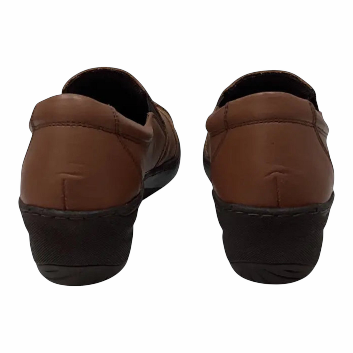 The Shoe Shop Cabello CP736-18 brown leather slip-on shoes with low wedge heels and twin elastic gussets, back view.