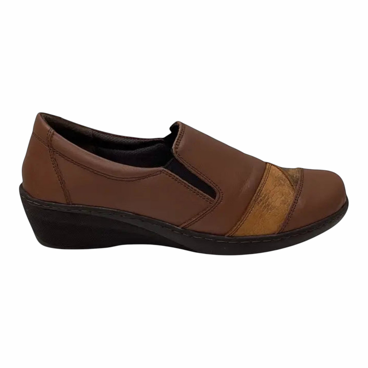 The Shoe Shop Cabello brown leather slip-on wedge shoe with twin elastic gussets and textured panel detail.