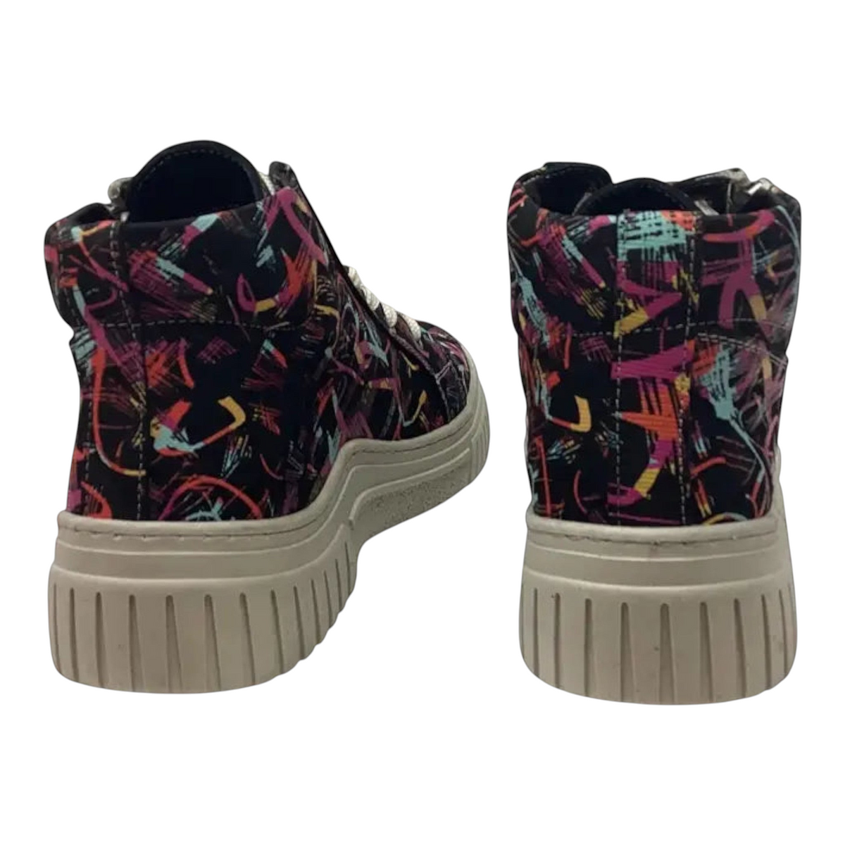 The Shoe Shop Cabello Charlie ankle boots featuring a black leather upper with vibrant graphic print and platform sole.