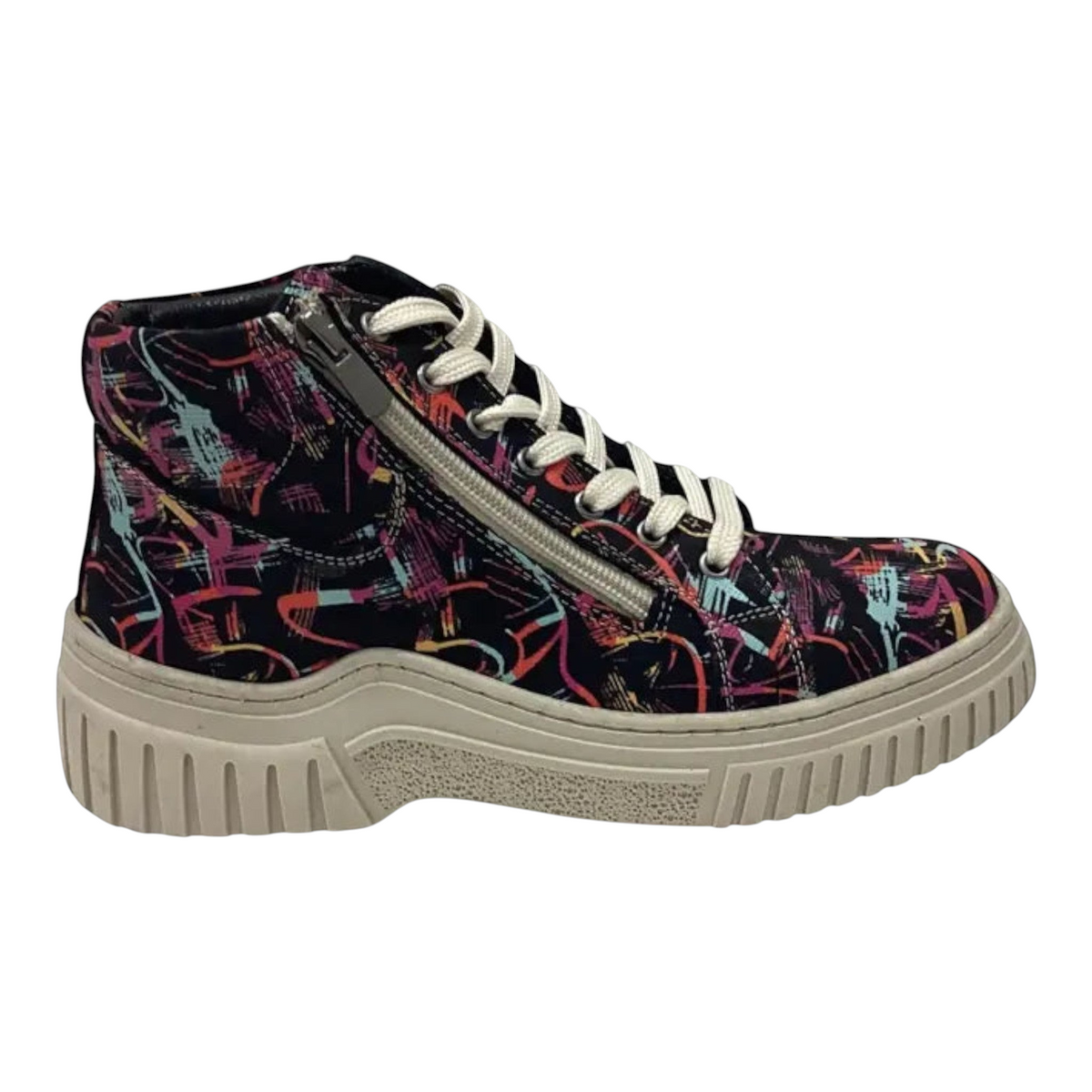 The Shoe Shop Cabello Charlie leather high-top sneaker with a black graphic print, platform sole, and side zip.