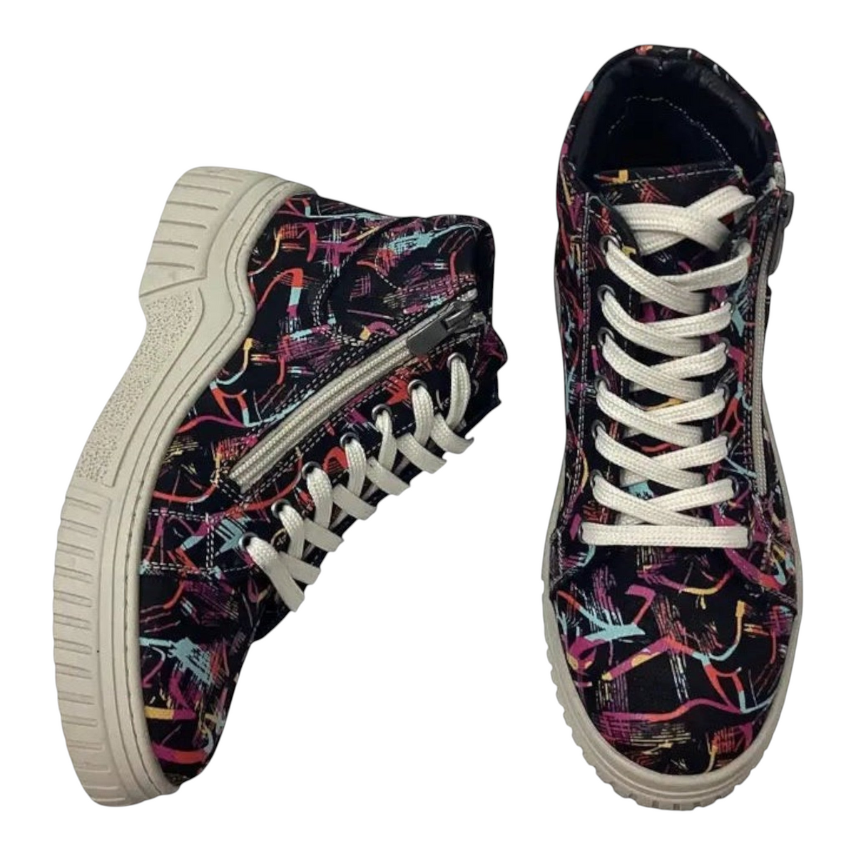The Shoe Shop Cabello Charlie ankle boots featuring a black leather upper with colorful graphic print and platform sole.
