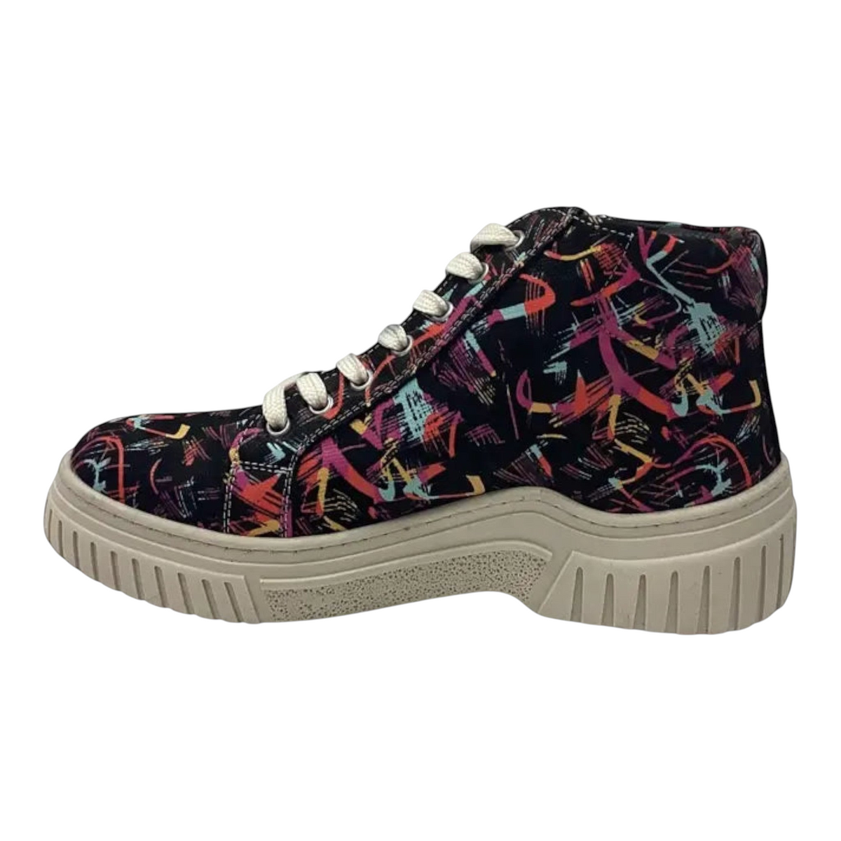The Shoe Shop Cabello Charlie ankle boot featuring a black leather upper with a colourful graphic print and platform sole