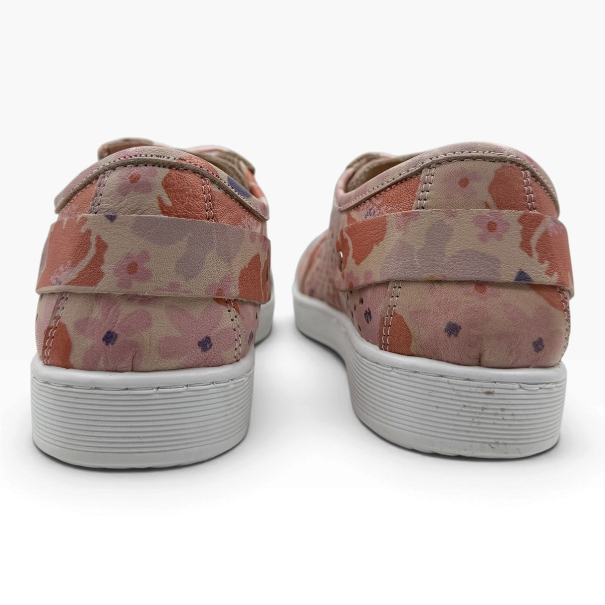 The Shoe Shop Cabello EG17 wide-fit leather sneakers in a pink floral print with a white rubber sole, rear view.