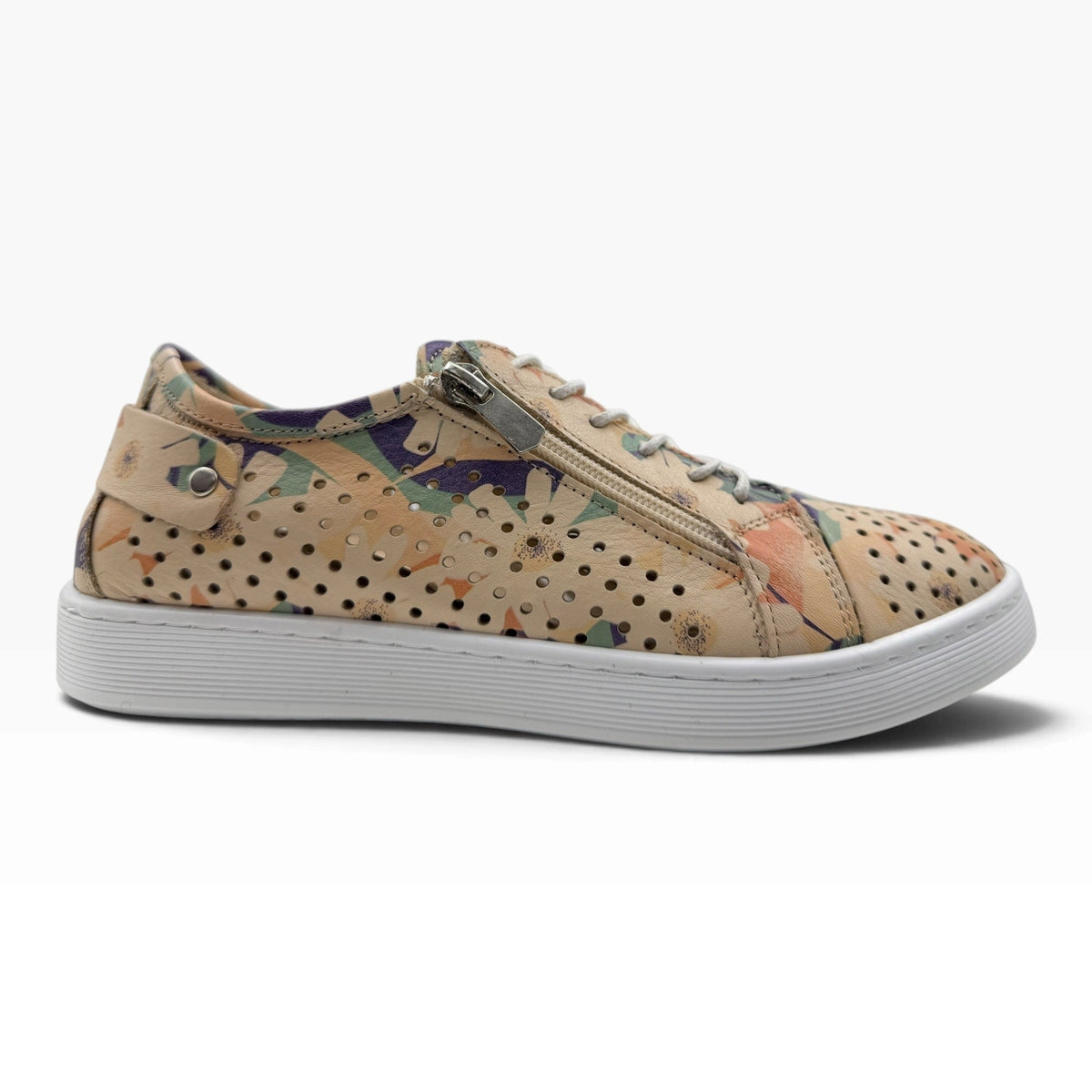 The Shoe Shop Cabello EG17 beige leather sneaker with floral print, side zip, and punched upper design.