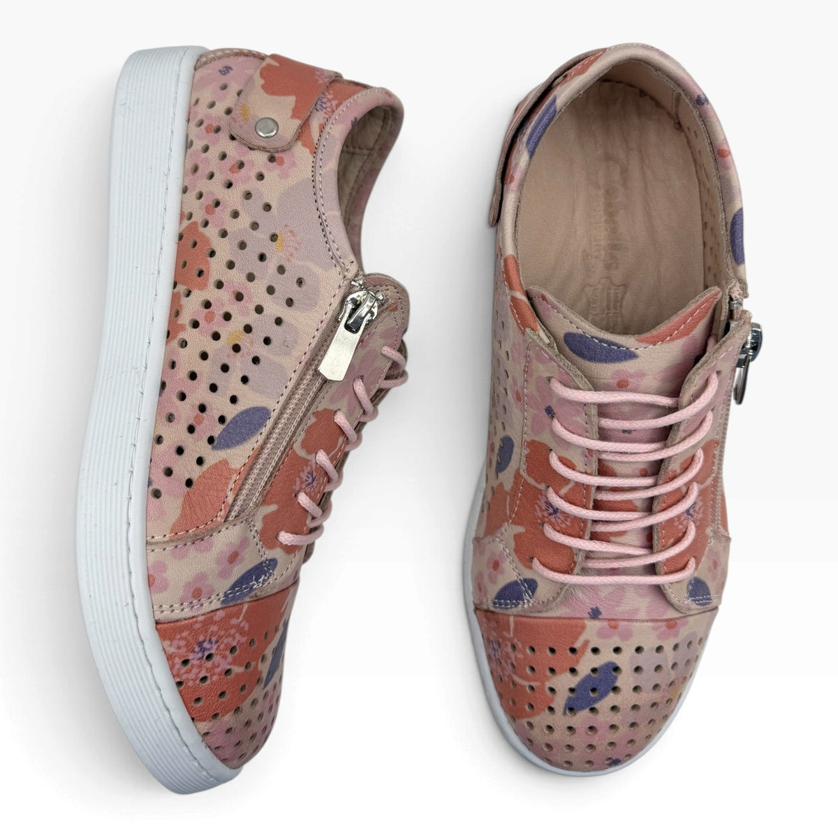 The Shoe Shop Cabello EG17 floral leather sneakers with side zip, lace-up front, and flexible white rubber sole.