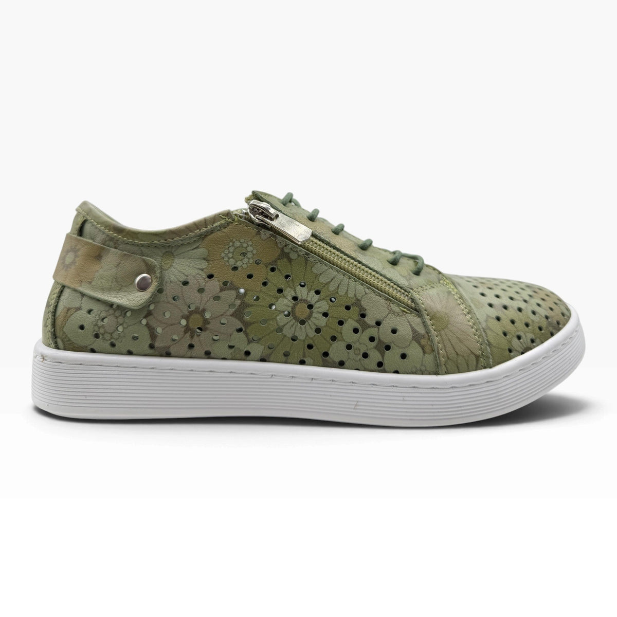 The Shoe Shop Cabello EG17 sage green floral punched leather sneaker with side zip and white rubber sole