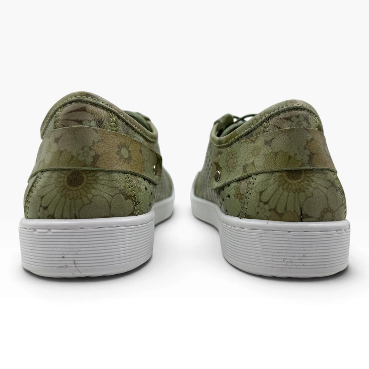 The Shoe Shop Cabello EG17 olive green floral leather sneakers with white rubber soles, back view.