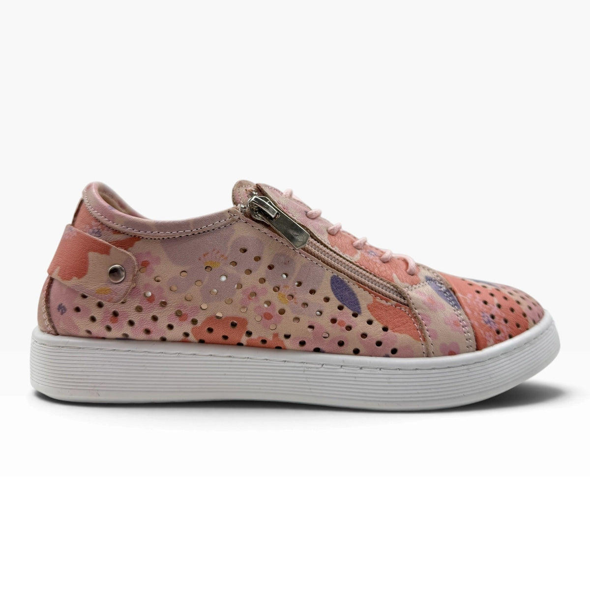 The Shoe Shop Cabello EG17 pink floral leather sneaker with side zip, punched upper, and white rubber sole.
