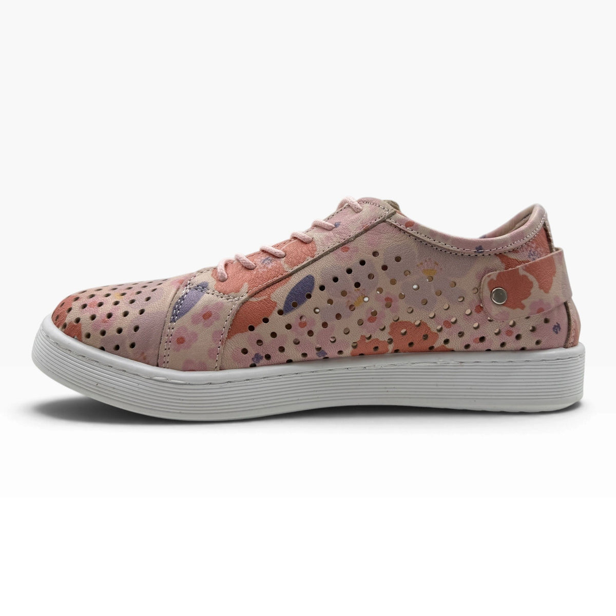 The Shoe Shop Cabello EG17 wide-fit sneaker in pink floral leather with punched upper, side zip, and rubber sole.