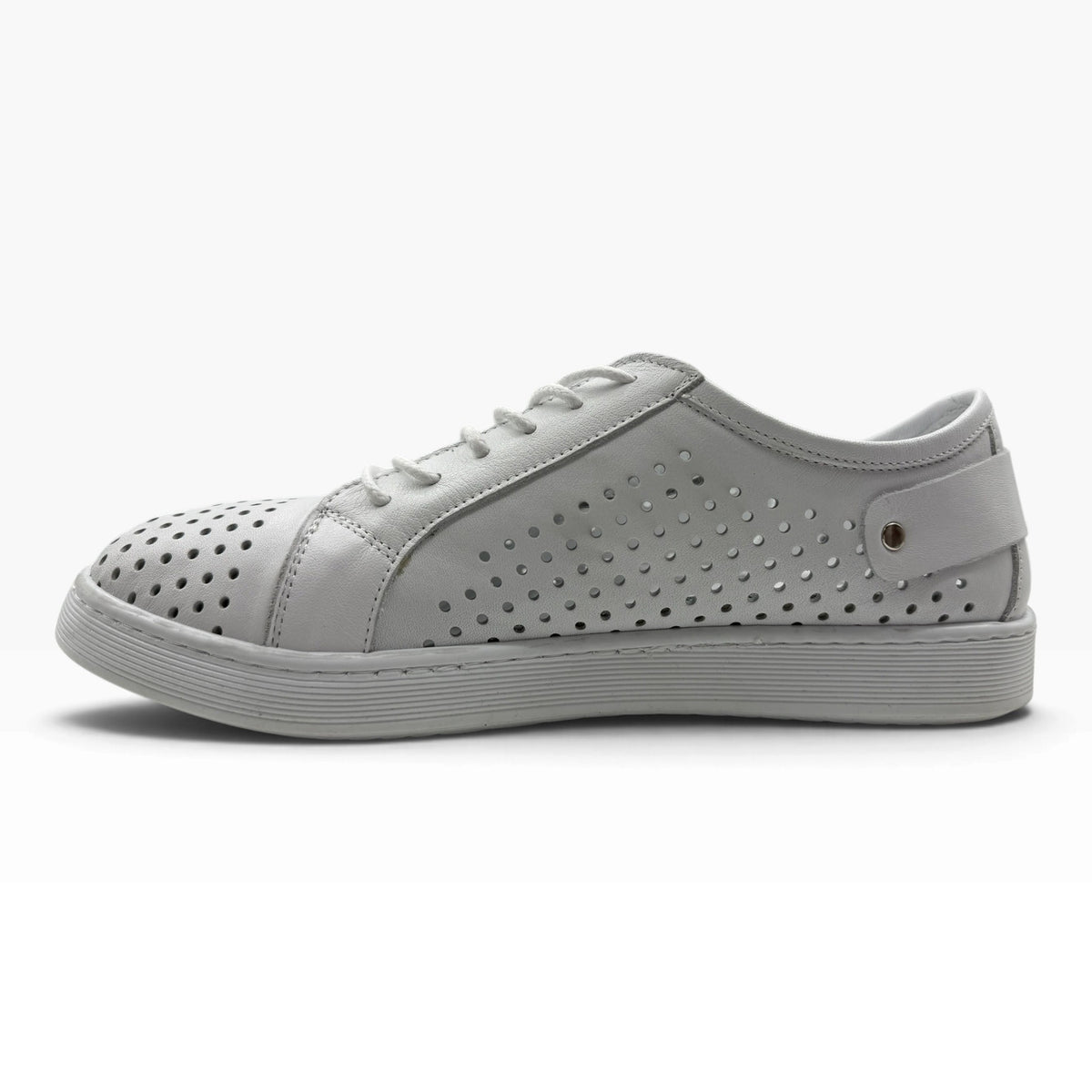 The Shoe Shop Cabello EG17 white leather sneaker with punched upper, side zip, and flexible thermo rubber sole.