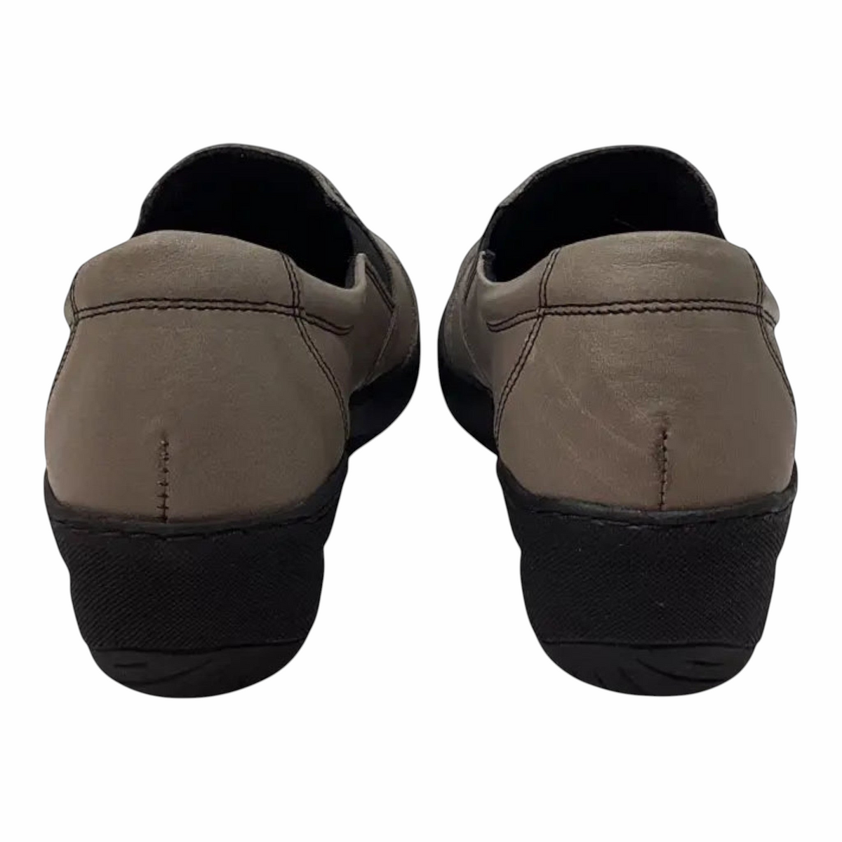 The Shoe Shop Cabello CP736-18 grey leather slip-on shoes with a low wedge heel and black textured sole, rear view.