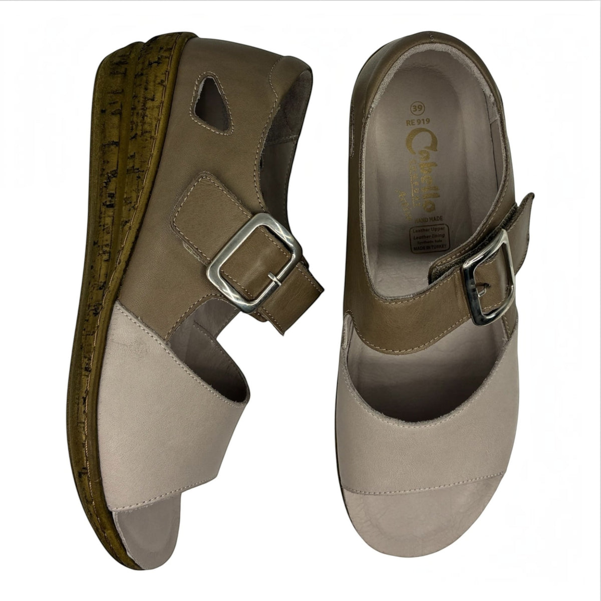 The Shoe Shop Cabello RE919 two-tone leather peep-toe wedge sandals with adjustable buckle strap and cork-effect heel.