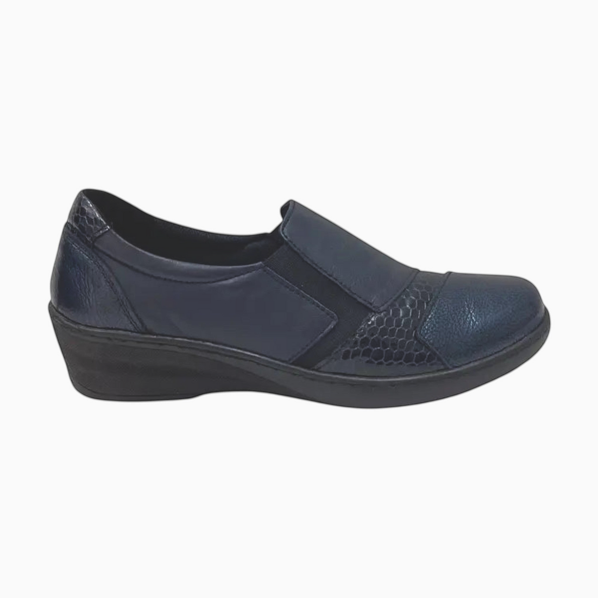 The Shoe Shop Cabello navy blue crinkle leather slip-on loafer with textured detail and cushioned sole.