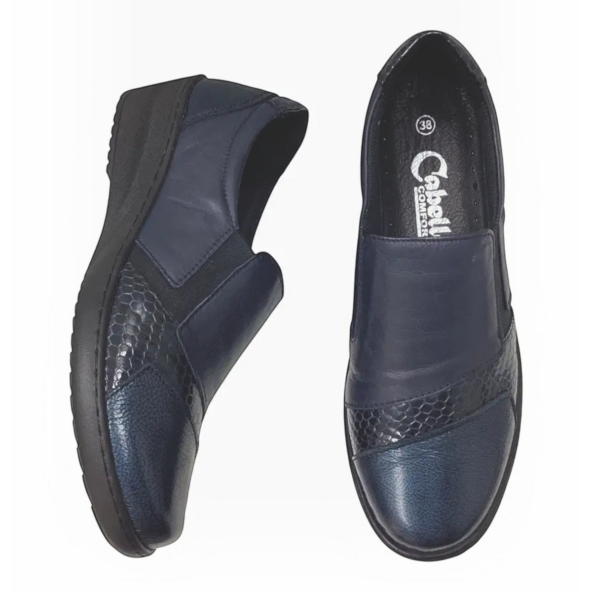 The Shoe Shop Cabello navy blue leather loafers with crinkle texture and snake-print detail, featuring slip-on design.