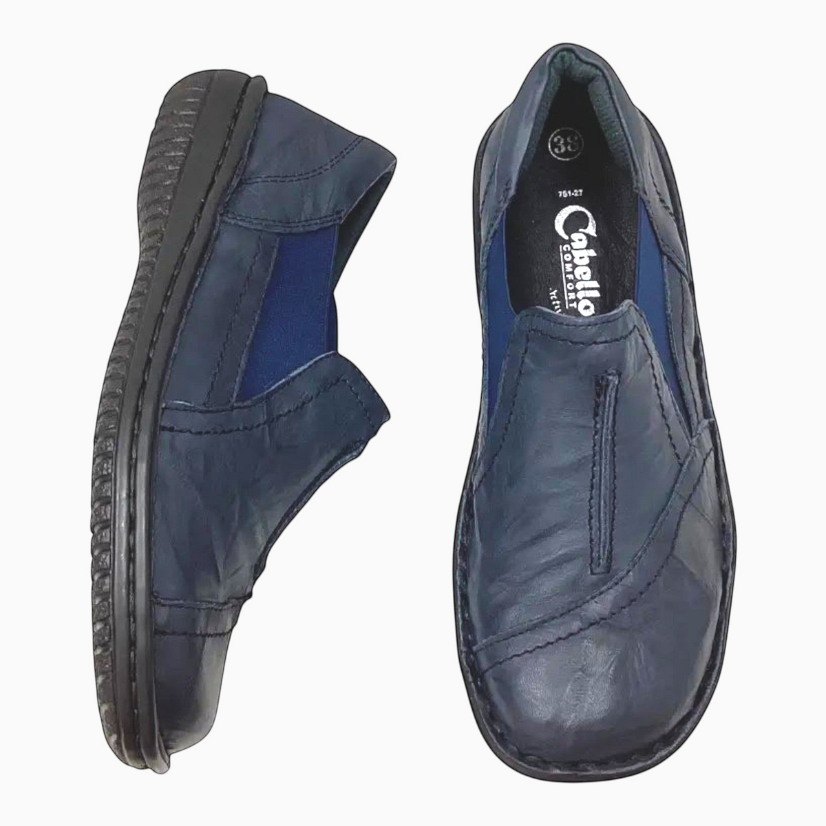 The Shoe Shop Cabello navy blue leather slip-on shoes with elastic gussets and flexible soles for orthotic comfort.