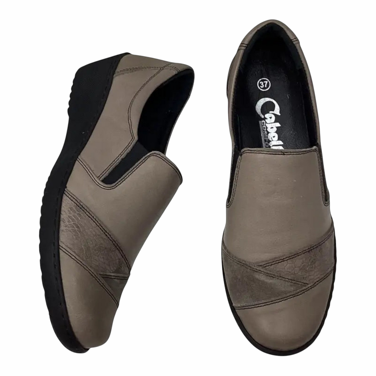 The Shoe Shop Cabello CP736-18 taupe leather slip-on shoes with elastic gussets and a comfortable low wedge sole.