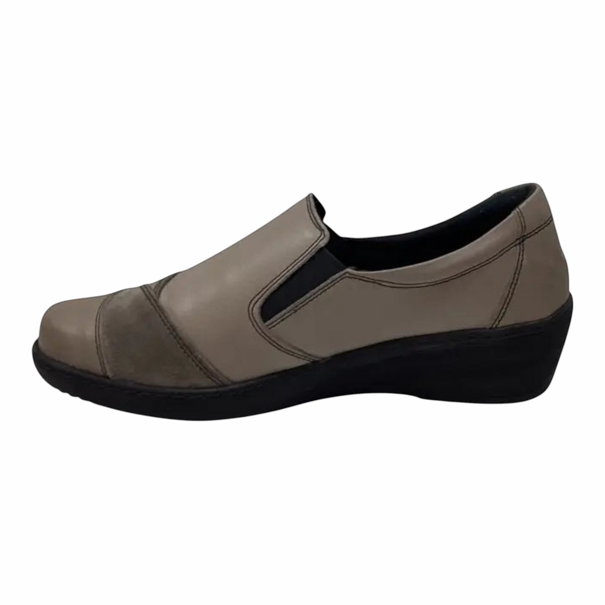 The Shoe Shop Cabello CP736-18 taupe leather slip-on shoe with elastic gussets and a comfortable low wedge sole.