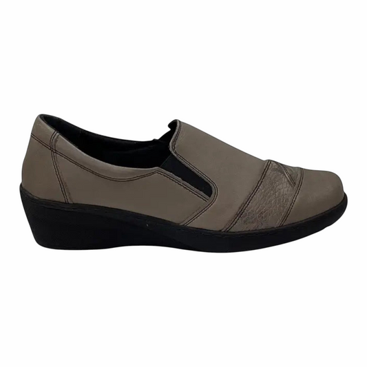The Shoe Shop Cabello CP736-18 taupe leather slip-on shoe with elastic gussets and a low wedge sole.