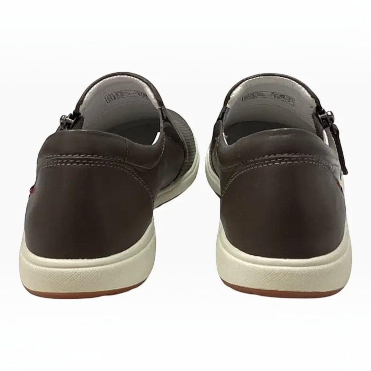 The Shoe Shop Caren 22 brown leather casual shoes with side zip and white flexible sole, rear view.