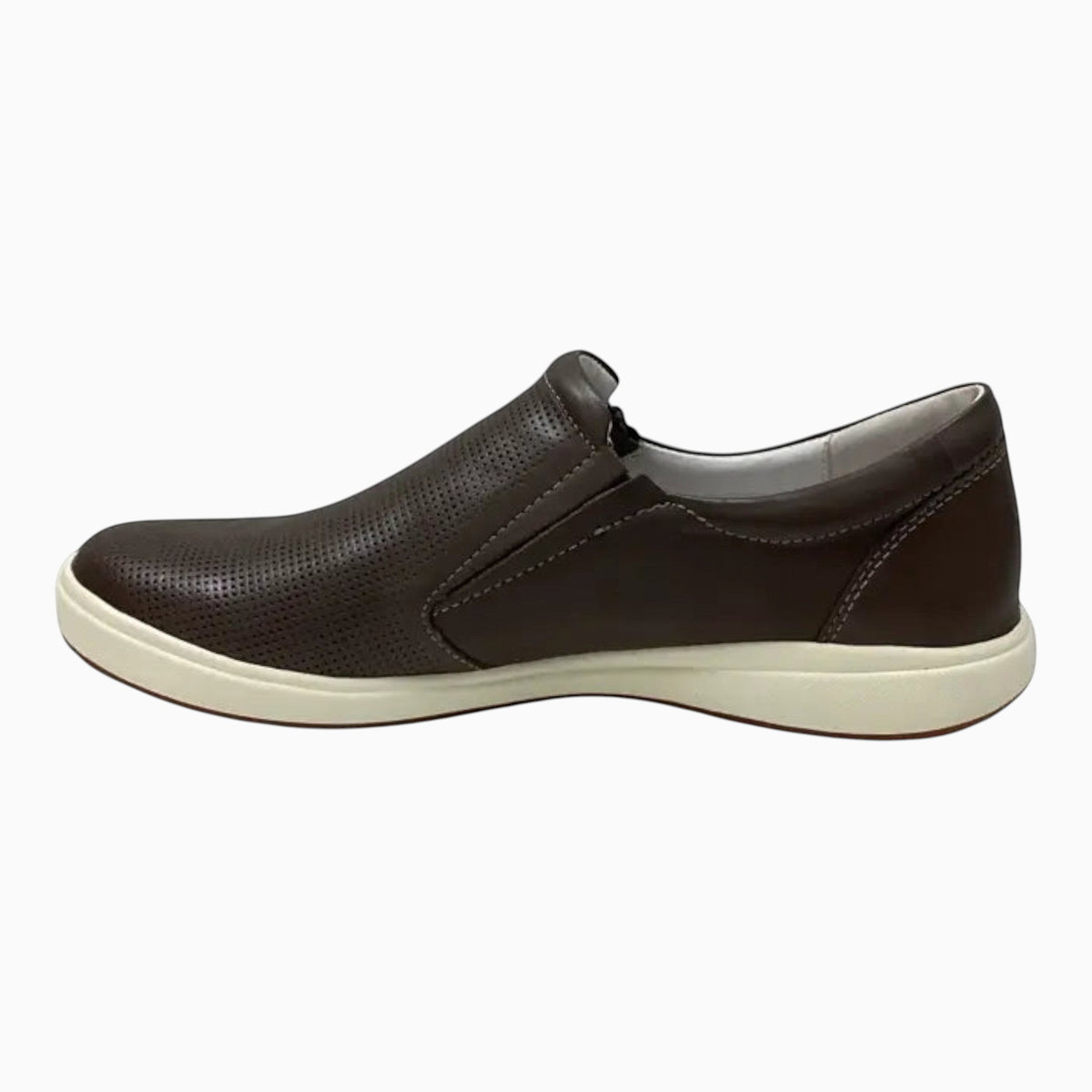 The Shoe Shop Caren 22 brown leather slip-on shoe with perforated upper, side zip, and white flexible rubber sole.