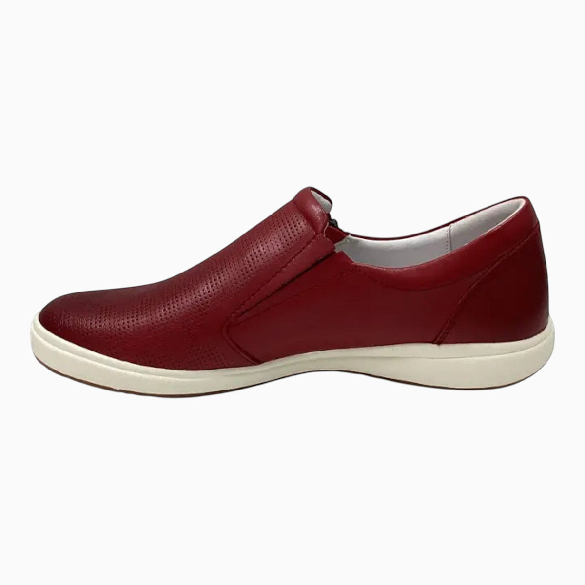 The Shoe Shop Caren 22 red leather slip-on shoe with perforated upper, side zip, and white flexible sole.