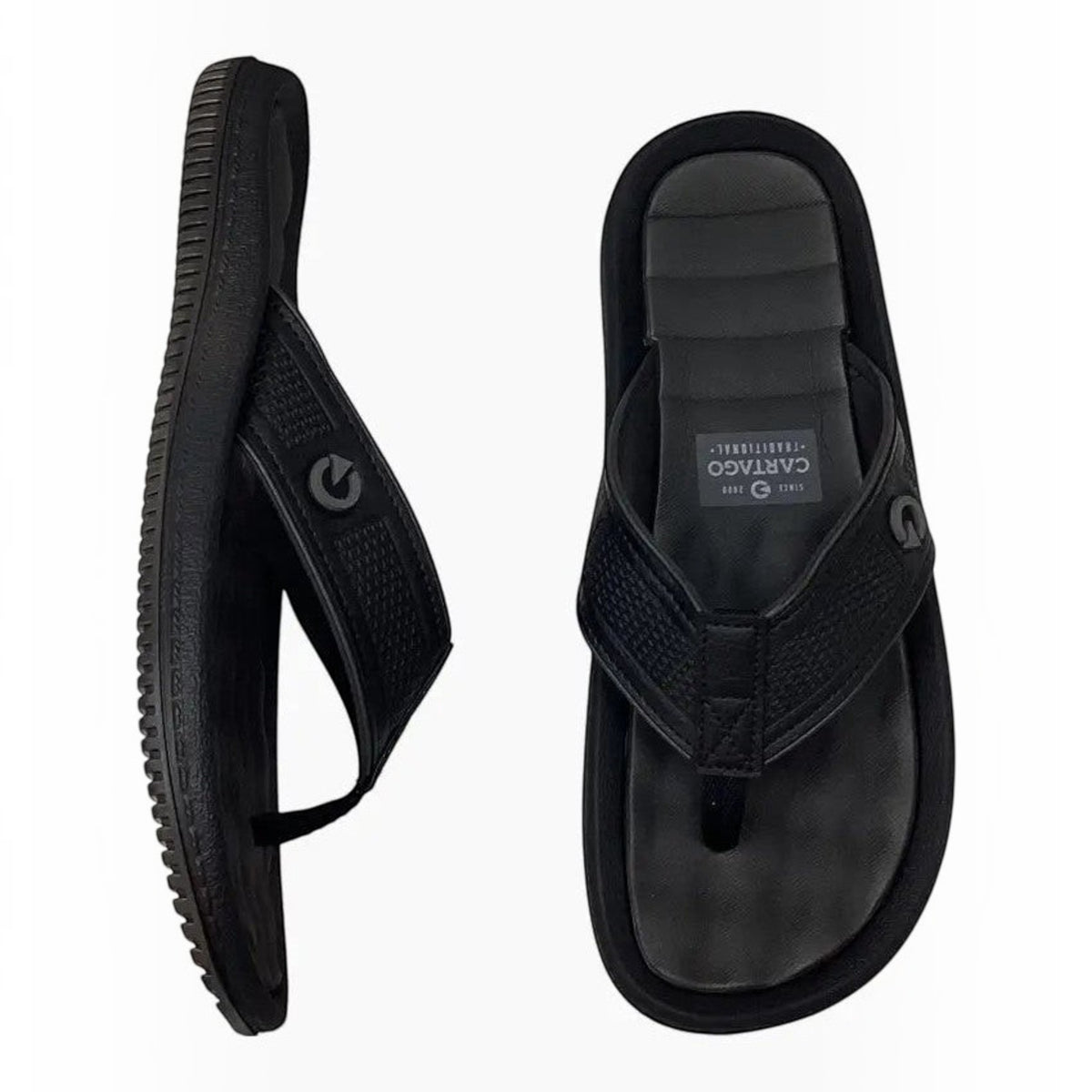 The Shoe Shop Cartago Fiji Jandal in black with a cushioned footbed, textured strap, and soft fabric toe post.