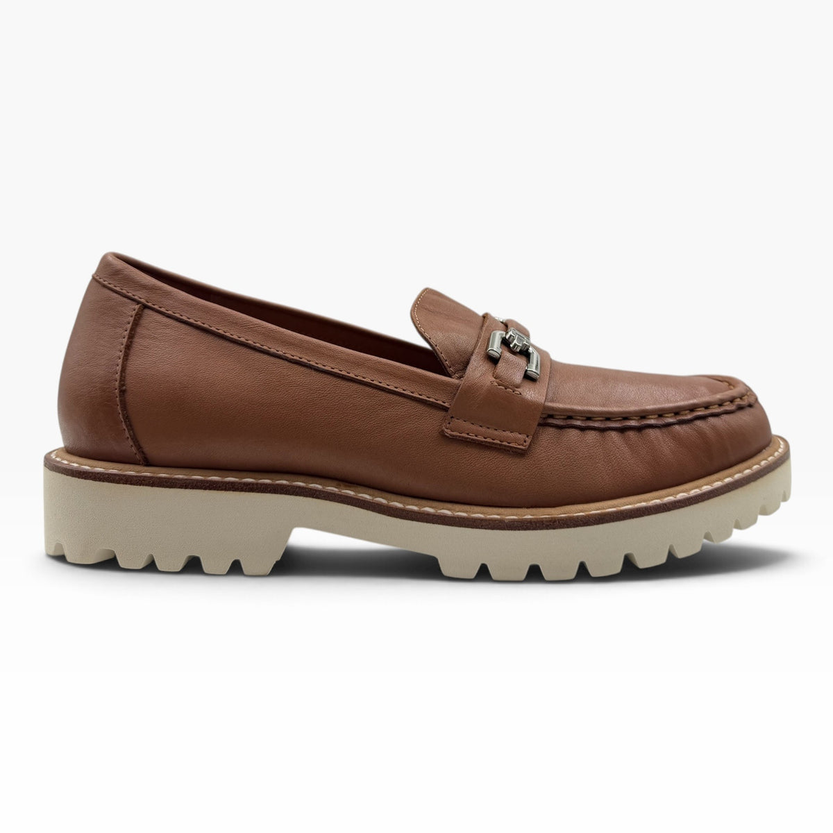 The Shoe Shop Cassini brown milled leather loafer with a polished metal bit and a chunky cream rubber sole.