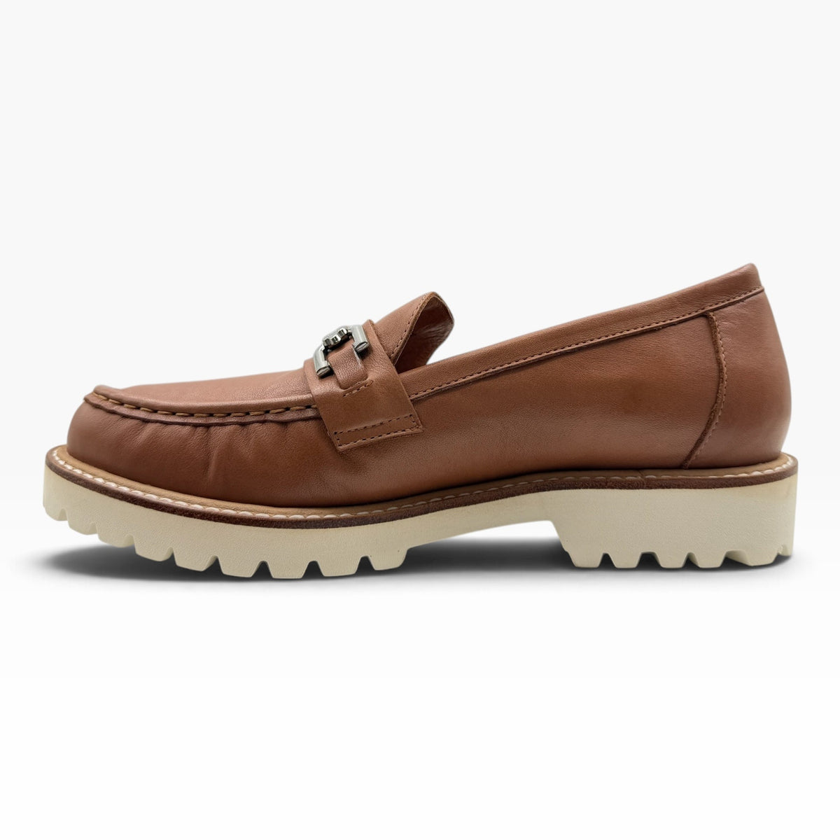 The Shoe Shop Cassini Madele brown milled leather loafer with metal bit detail and chunky white rubber lug sole.