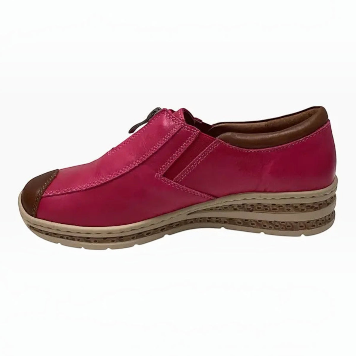 The Shoe Shop Cassini Mika pink leather shoe with brown toe cap, front zip, and comfortable low heel profile.