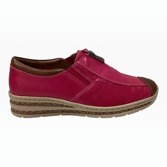 The Shoe Shop Cassini Mika pink leather shoe with front zip, side gussets, and a comfortable low wedge heel.
