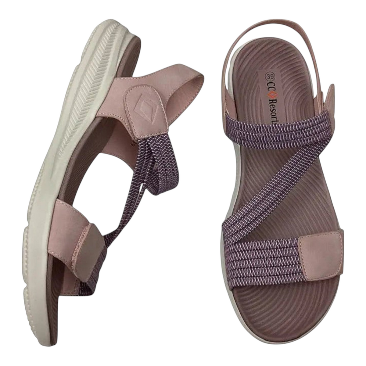 The Shoe Shop CC Resorts Florrie sandals in dusty pink with textile straps, velcro closure, and cushioned footbed.