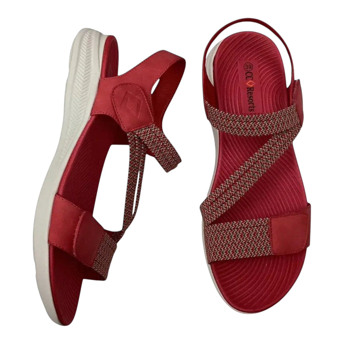 The Shoe Shop CC Resorts Florrie red textile sandals with cushioned footbed, velcro closure, and anti-skid sole.