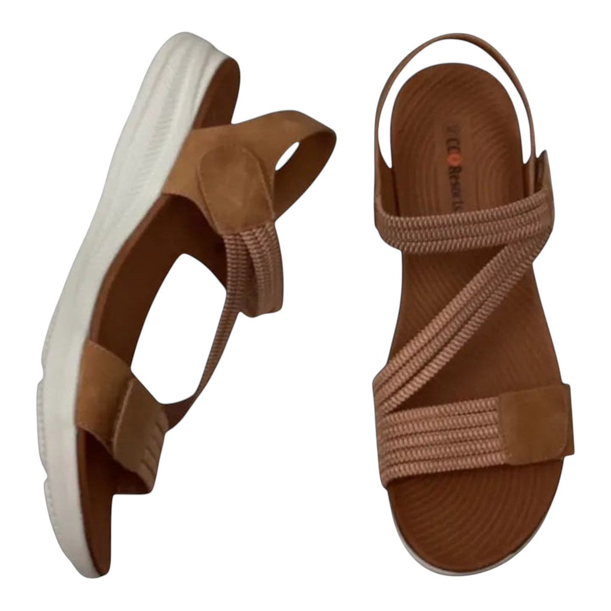 The Shoe Shop CC Resorts Florrie tan textile sandals with a cushioned footbed, velcro strap, and white anti-skid sole.