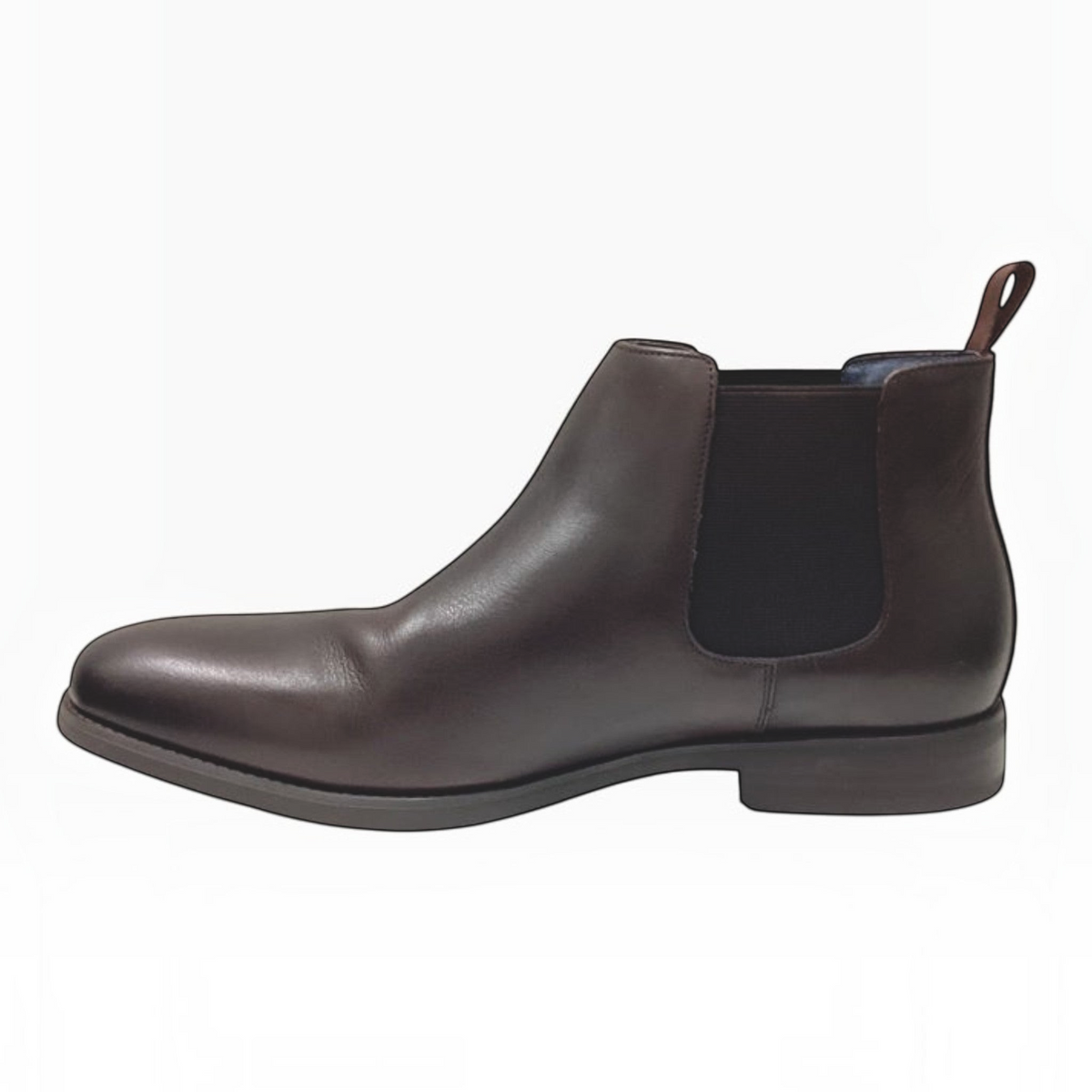 The Shoe Shop Ceduna dark brown leather Chelsea dress boot with side elastic panels and a durable rubber sole.