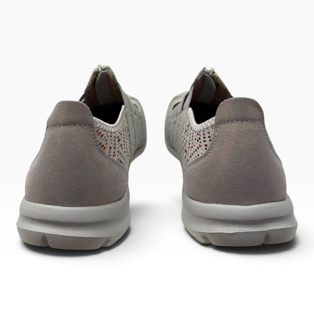 The Shoe Shop Christine grey leather casual shoes with a rear view showing the textured heel and rubber sole