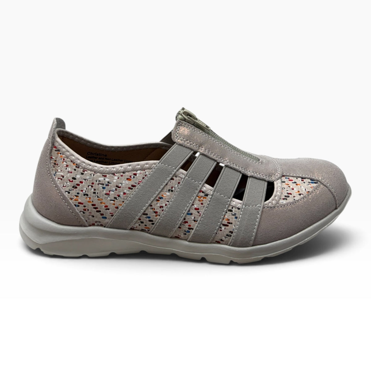 The Shoe Shop Christine women's grey leather casual shoe with a central zipper, elastic straps, and patterned panels.
