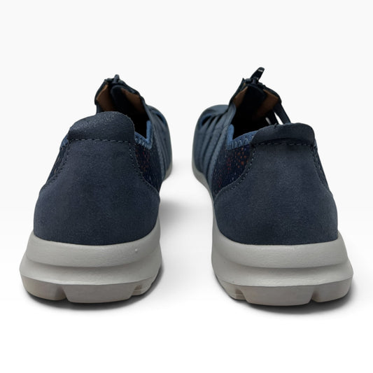 The Shoe Shop Christine navy blue leather slip-on shoes with a durable rubber sole, viewed from the back.