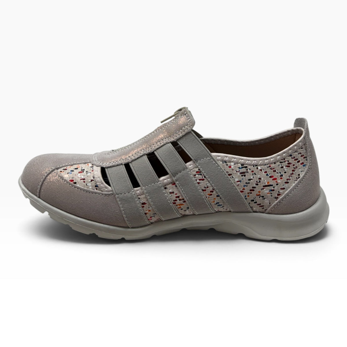 The Shoe Shop Christine women's lightweight taupe leather slip-on shoe with a central zipper and patterned side panels