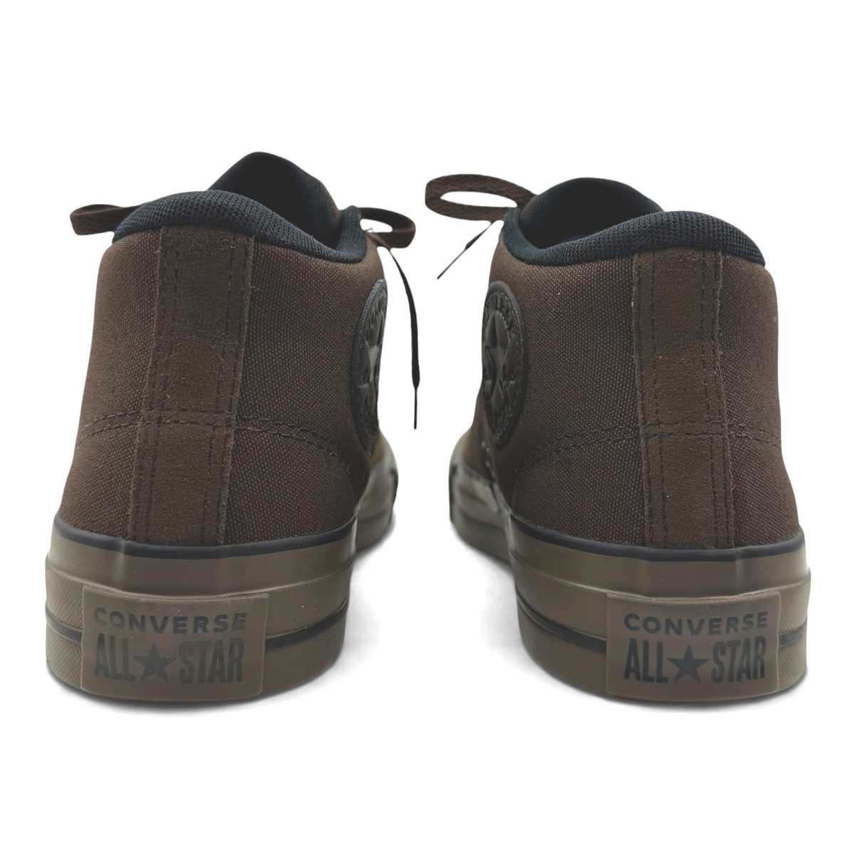 The Shoe Shop Chuck Taylor Malden Street mid-top sneakers in dark brown canvas and suede with black rubber soles.