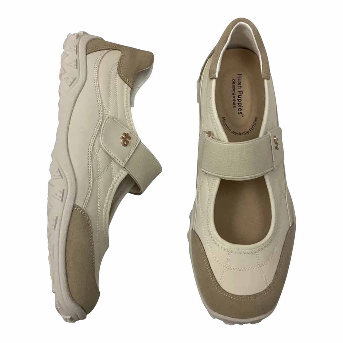 The Shoe Shop Hush Puppies Ciel beige sneakers with a self-fastening strap and cushioned footbed for daily comfort.