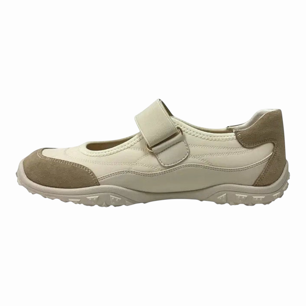 The Shoe Shop Ciel sneaker in cream and beige with a self-fastening strap and durable rubber outsole.
