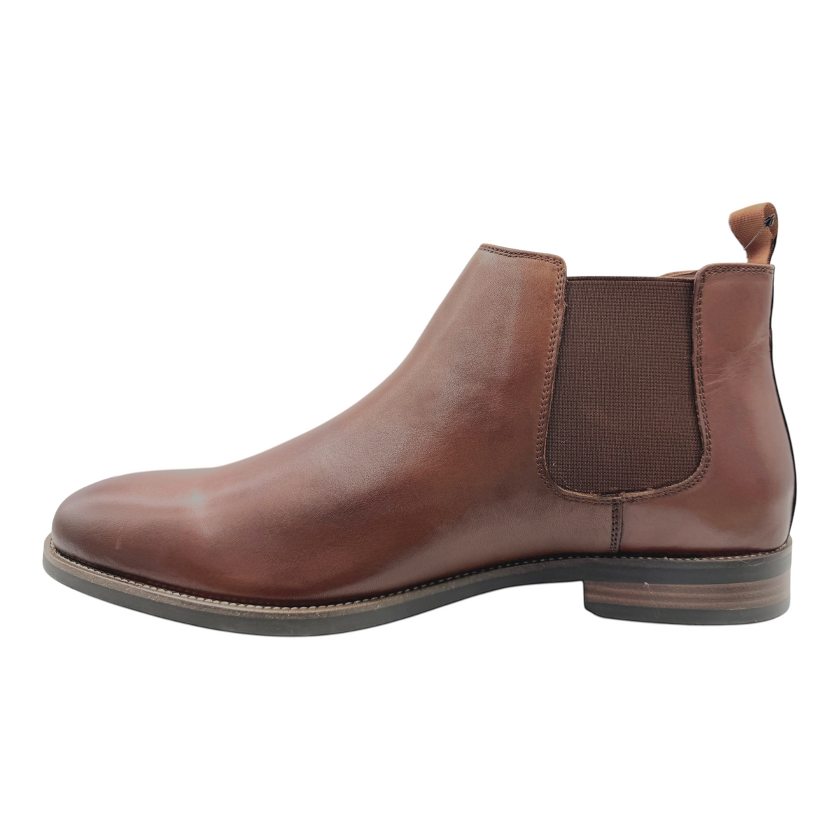 The Shoe Shop Coleman cognac full-grain leather Chelsea boot with elastic side panels and a durable rubber sole.