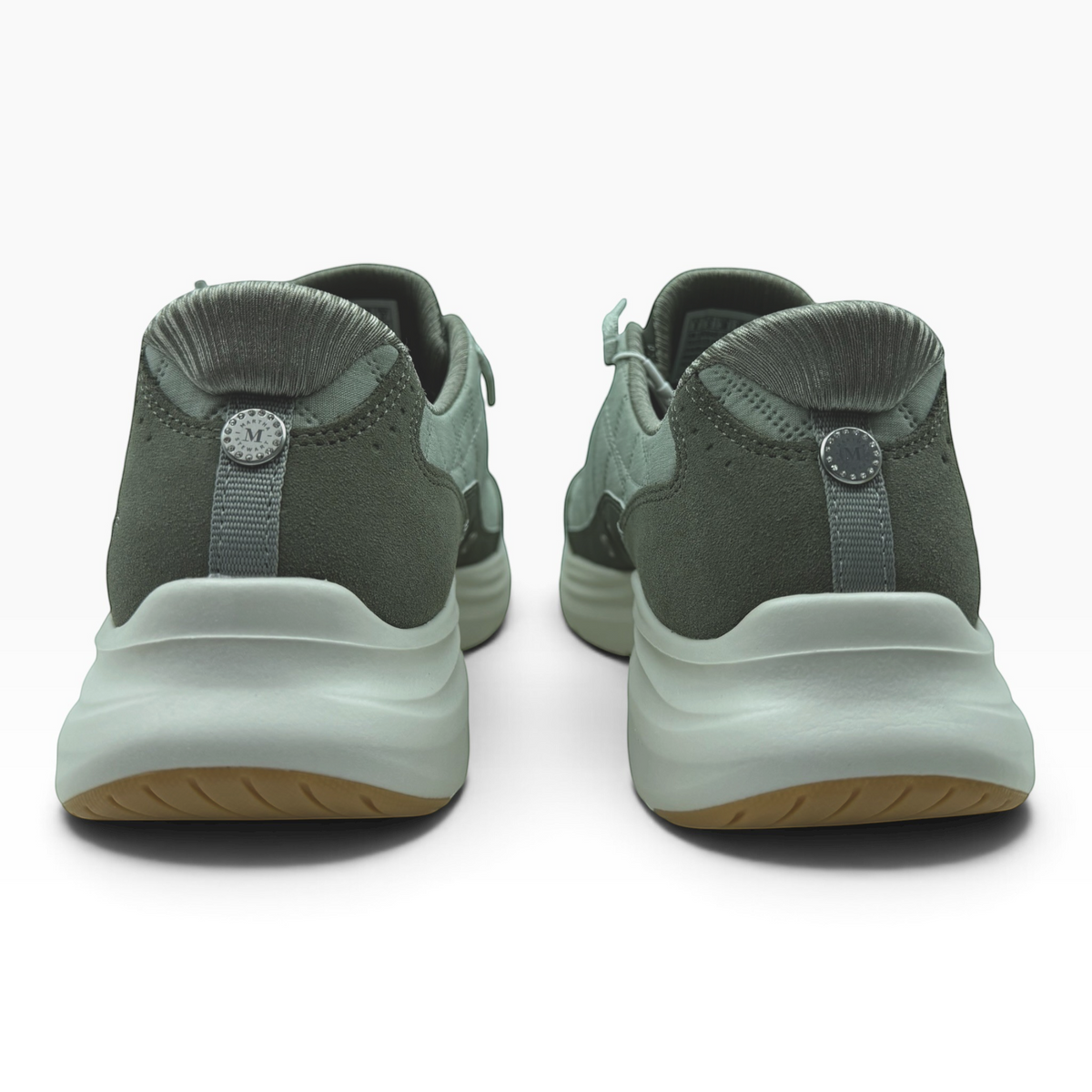 Back view of The Shoe Shop 150645 Contour Foam sneakers in sage green with suede details and a thick foam sole.