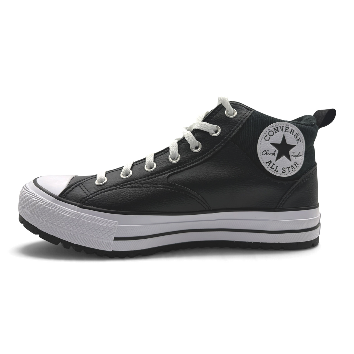 The Shoe Shop Converse Chuck Taylor Malden Street mid-top boot in black synthetic leather with white laces and sole.