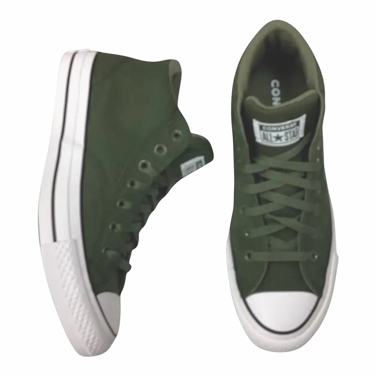 The Shoe Shop Converse A17842C olive green mid-top canvas sneakers with white rubber toe caps and cushioned collars.