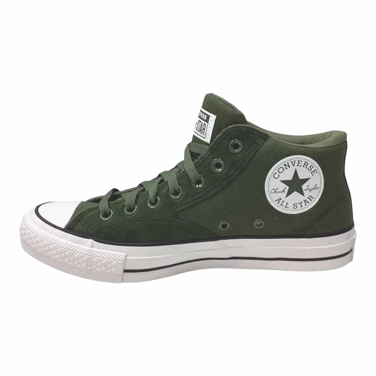 The Shoe Shop Converse A17842C olive green canvas mid-top sneakers with suede details and white rubber toe cap.