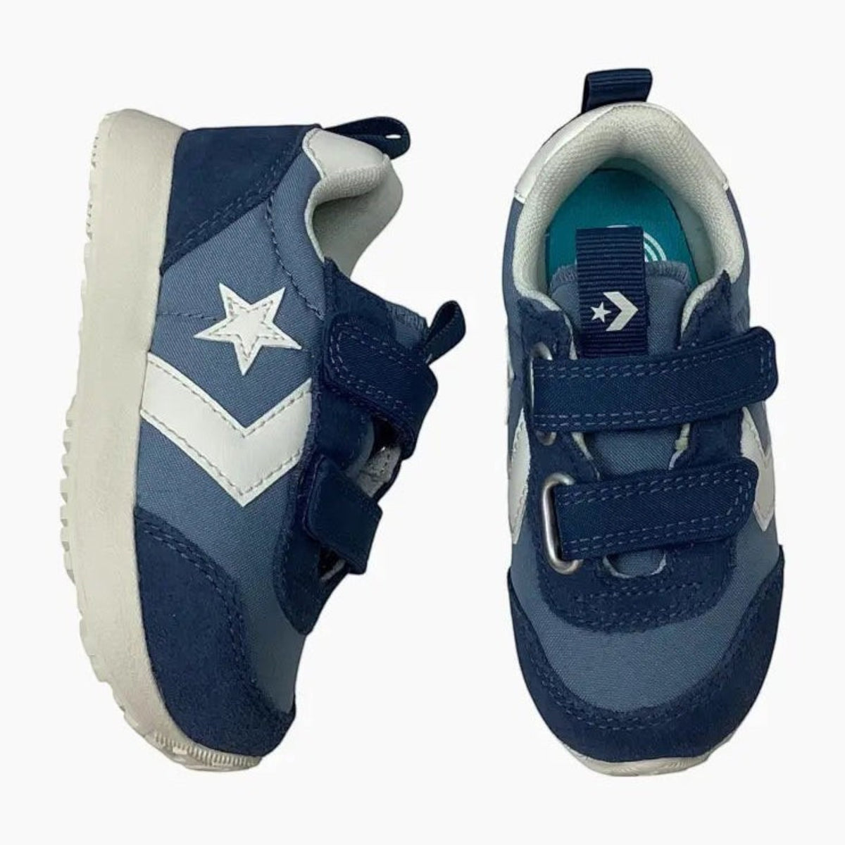 The Shoe Shop Converse Omega infant trainers in navy blue suede and textile with white star chevron and velcro straps