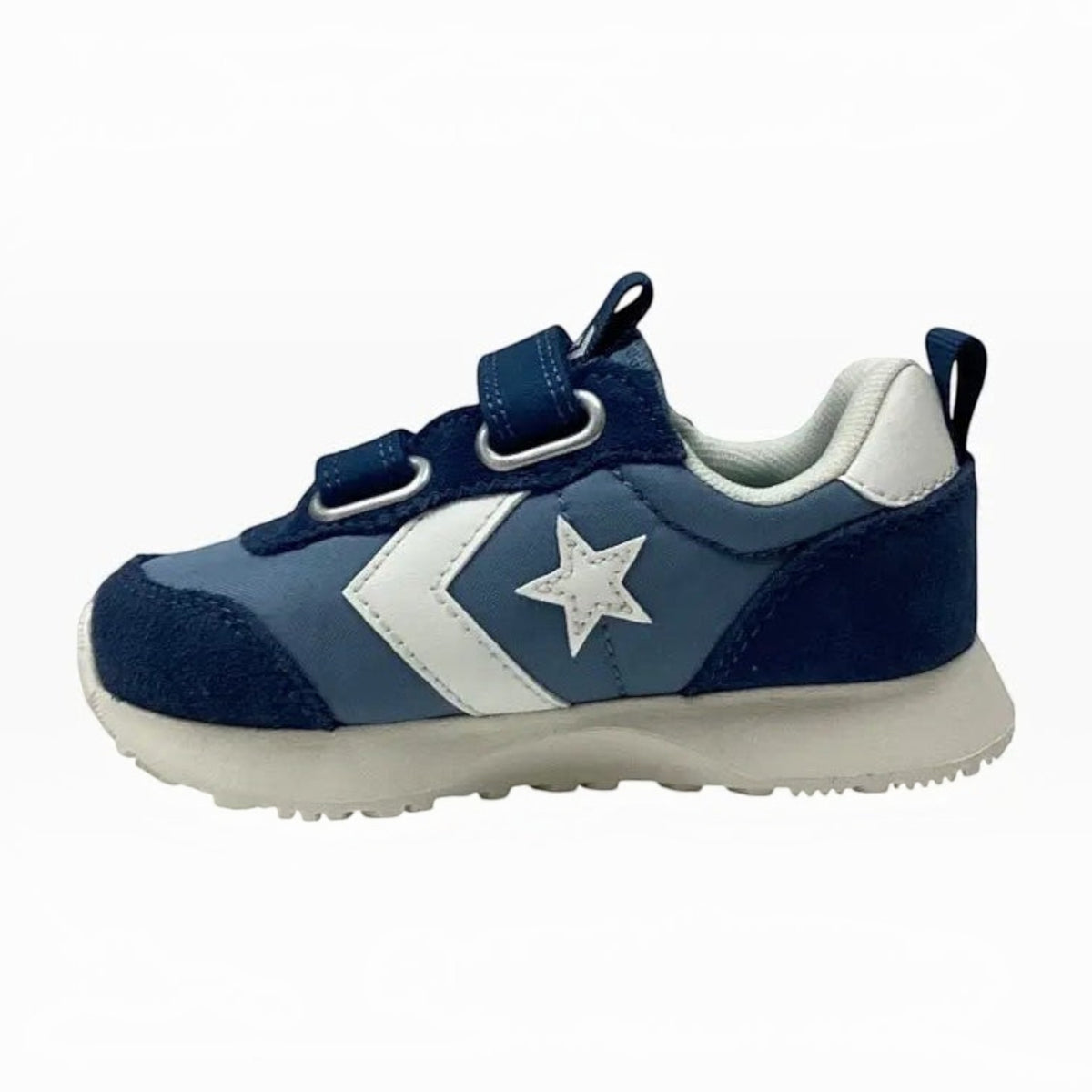 The Shoe Shop Converse Omega infant trainer in blue suede and textile with white star chevron and dual velcro straps.
