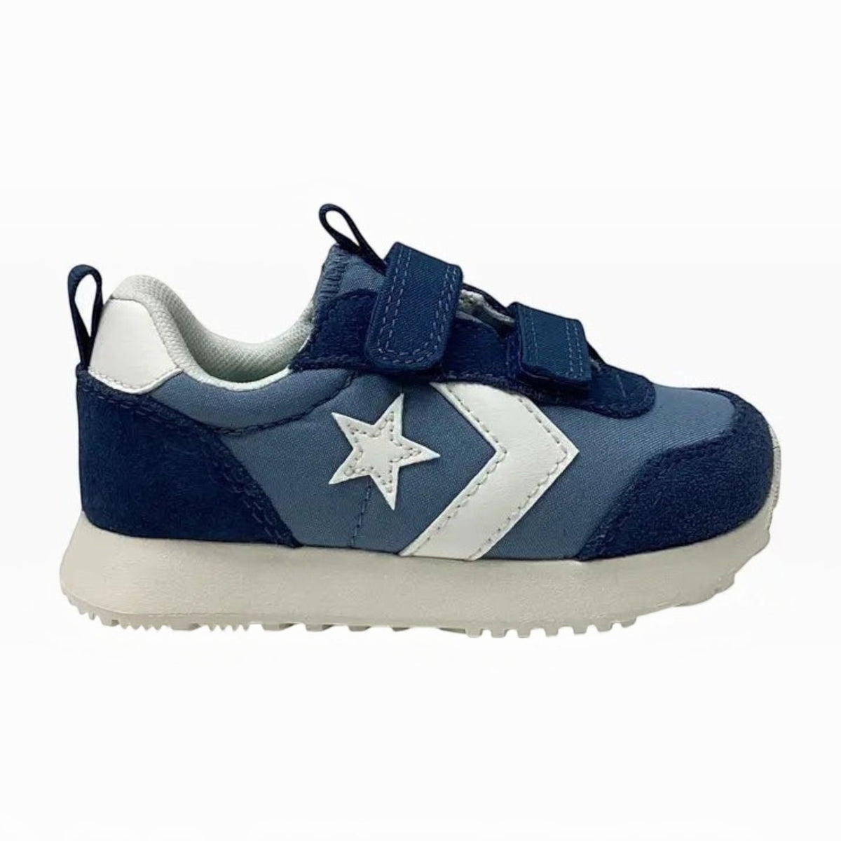 The Shoe Shop Converse Omega infant trainer in blue suede and textile with white Star Chevron and dual velcro straps.
