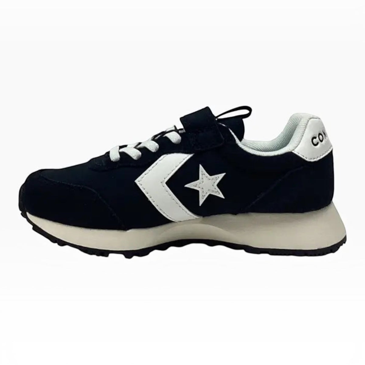 The Shoe Shop Converse Omega Trainer OX youth sneaker in black suede with white star logo and adjustable strap